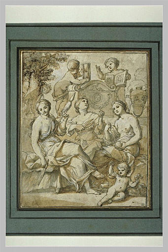 Les trois Parques, avec deux angelots portant un sablier et un livre_0