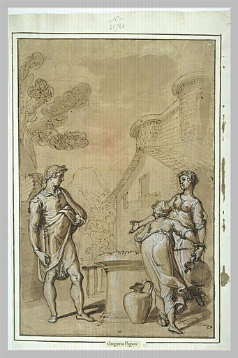Un homme, portant un livre, s'entretenant avec deux femmes puisant de l'eau_0