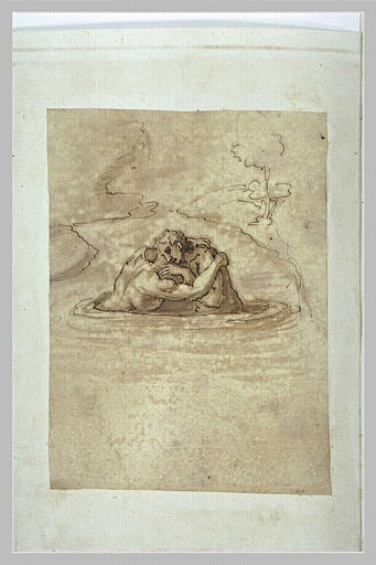 Deux hommes s'enlaçant au milieu d'un lac_0