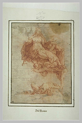 Femme assise, portée par des anges ; un homme renversé sur le dos_0