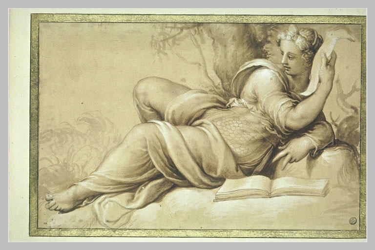 Femme étendue à terre près d'un livre, et tenant une banderole_0