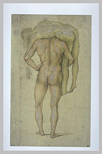 Homme nu, debout, de dos, portant sur ses épaules un corps inerte_0