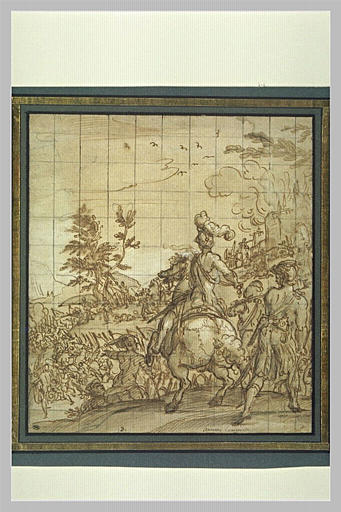 Scène de bataille au pied d'une forteresse en flammes_0