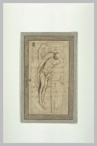 Homme étendu, sur une pierre, vu de dessus : le Christ mort_0