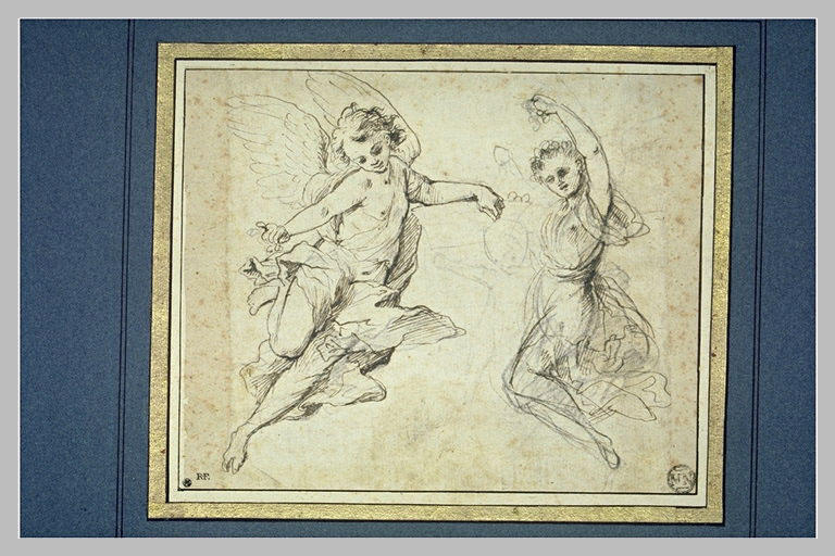 Deux anges volant répandant des fleurs ; croquis d'un angelot_0