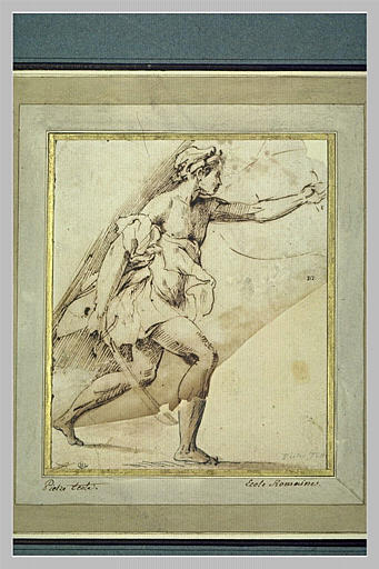 Soldat tenant un bouclier et un glaive, de profil, marchant vers la droite_0