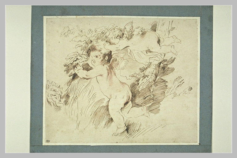 Deux amours se cachant dans un feuillage, à gauche, la tête d'un satyre_0