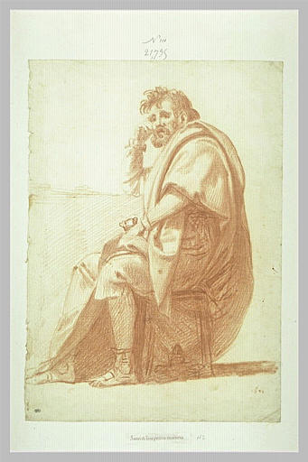 Homme assis, en manteau long, accoudé à une table_0