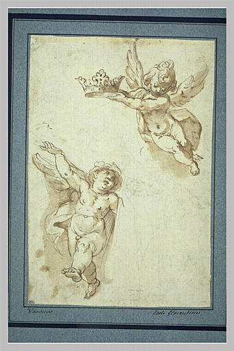 Deux putti volants dont un portant une couronne_0