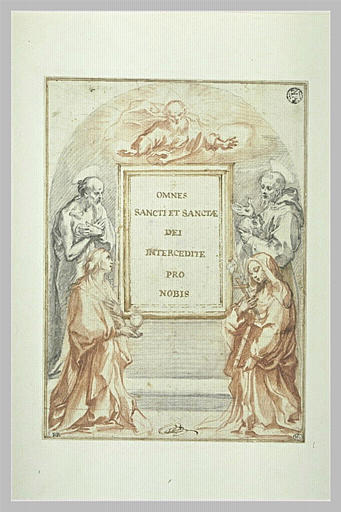 Projet de tableau d'autel avec des saints et Dieu entourant un cadre vide_0