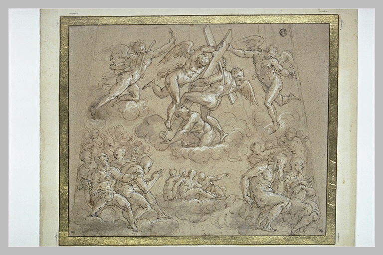 Cinq anges portant la Croix et trois groupes de personnages_0