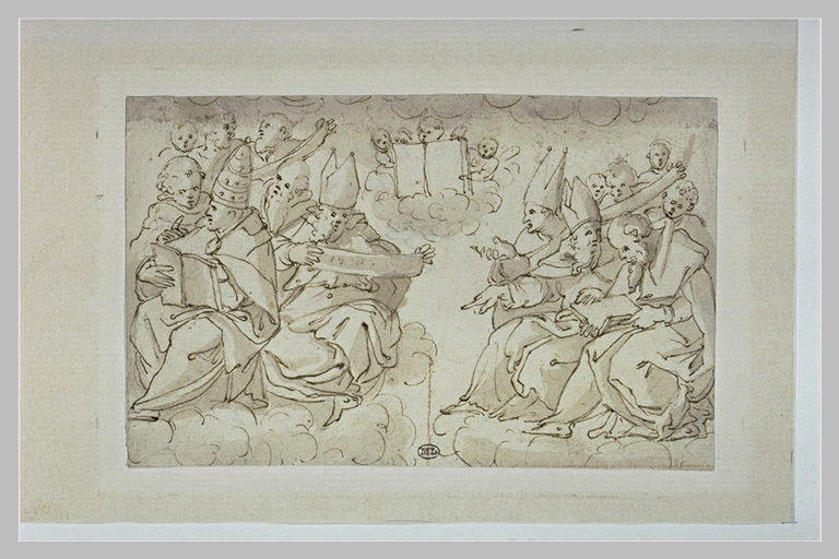 Deux groupes de pontifes, évêques, prêtres et un angelot_0