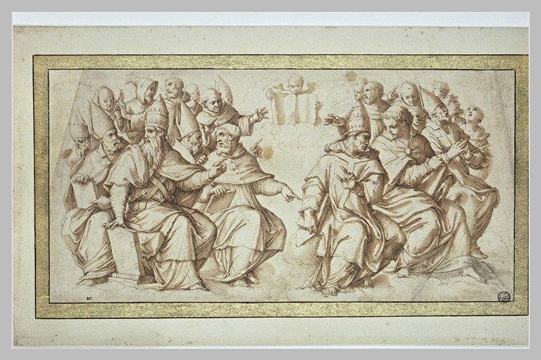 Deux groupes de pontifes, évêques, moines et un angelot_0