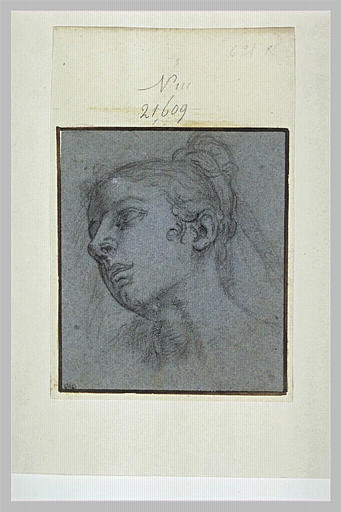 Tête de femme, tournée vers la gauche, vue en raccourci_0