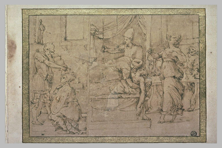 Femme à genoux devant un guerrier ; deux épisodes de l'histoire de Lucrèce_0