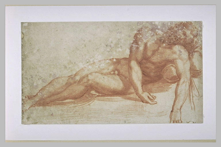 Homme nu couché, vu de face, les bras pendant en avant: Christ mort_0
