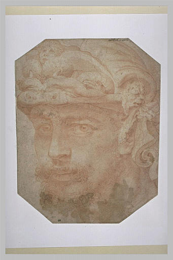 Tête d'homme coiffée d'un casque bizarre, orné de figures chimériques_0