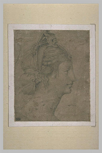 Tête de femme avec coiffure maniérée, vue de profil vers la droite_0