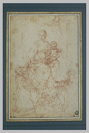 Vierge à l'Enfant, couronée par des anges, adorée par deux saints_0