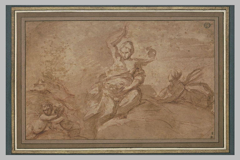 Une femme, assise sur des nuages, levant le bras gauche et des enfants ailés_0