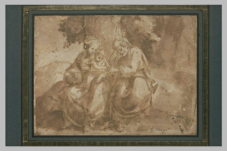 Saint Joseph présente un fruit à Jésus assis sur les genoux de la Vierge_0