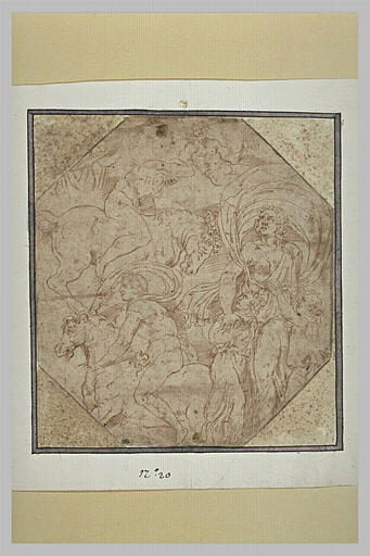 Une femme tenant deux enfants, deux hommes à cheval, deux demi-figures_0