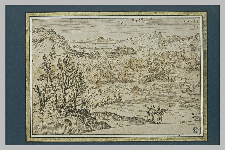 Paysage avec des figures près d'une étendue d'eau, et d'une forteresse_0