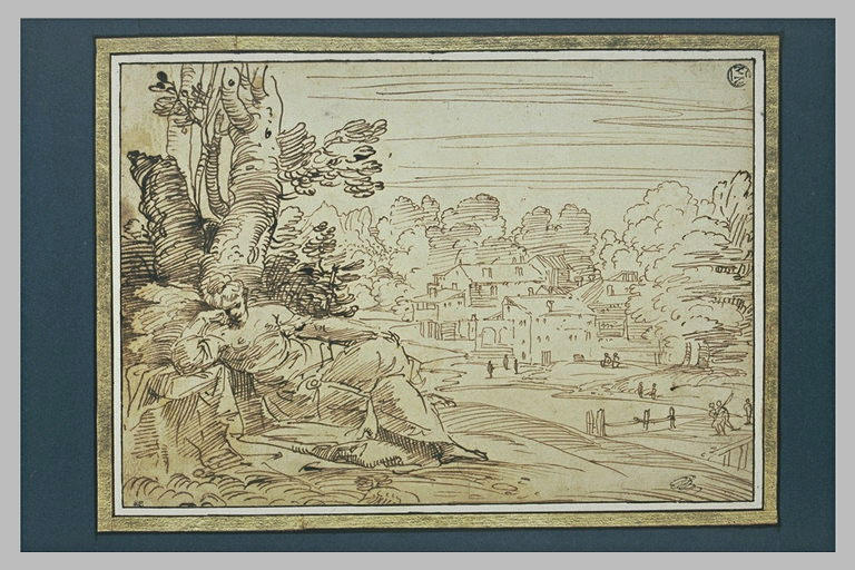 Vue d'un village et d'une figure endormie sous un arbre_0
