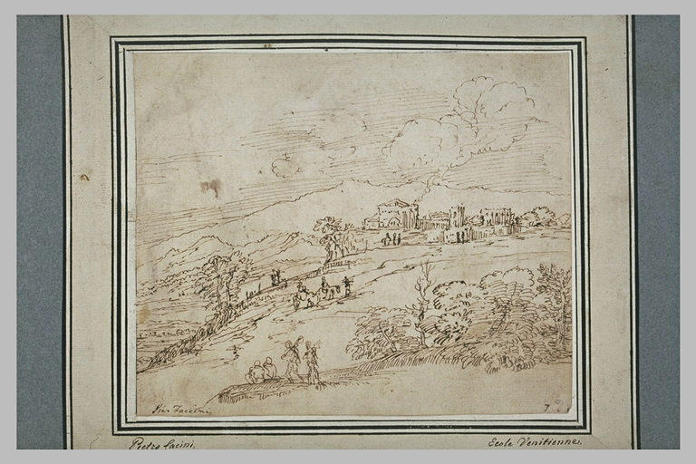 Paysage vallonné, avec des personnages aux abords d'une cité_0