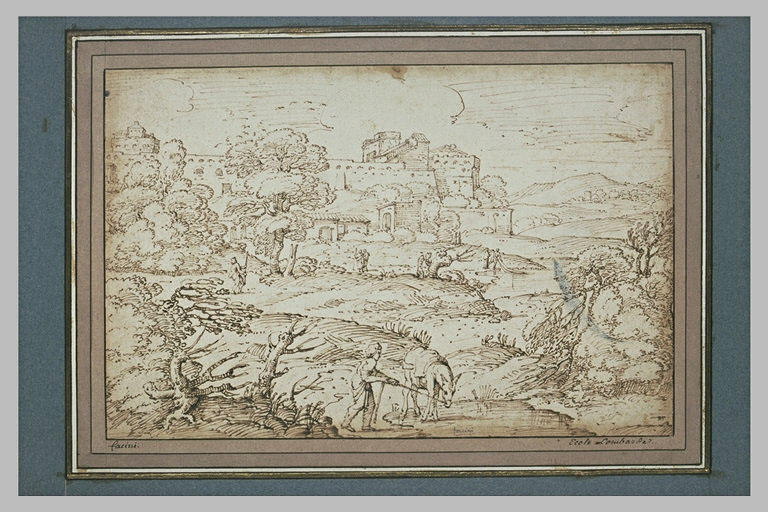 Personnages occupés à des travaux  des champs, près d'une forteresse_0