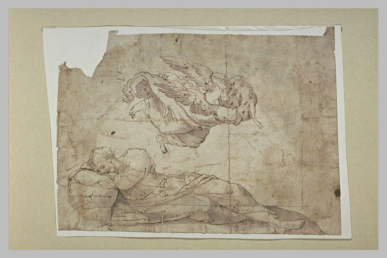 Un homme endormi et un ange volant tenant un bélier_0