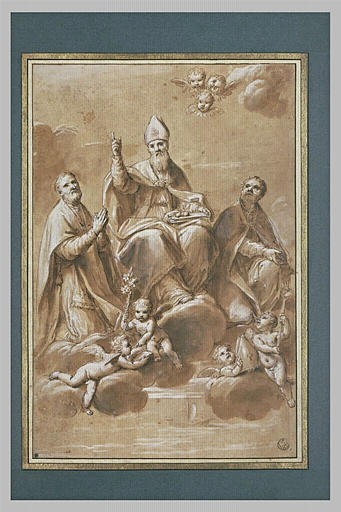 Saint Nicolas, évêque de Mira au milieu de deux saints sur des nuages_0