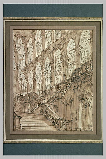 Vue de l'intérieur d'un palais, avec un grand escalier et de hautes galeries_0