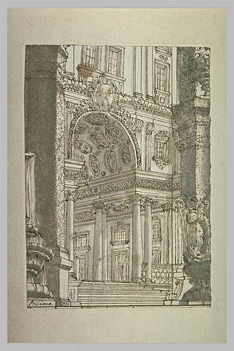 Projet pour un décor, avec la façade d'un palais vue à travers des pilastres_0