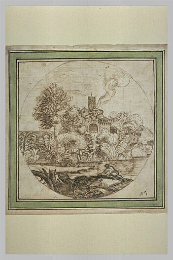 Fabrique fortifiée, parmi les arbres, avec un aqueduc, vue d'un étang_0