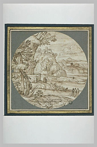 Dans un paysage rocheux, en bord de mer, trois figures conversant_0