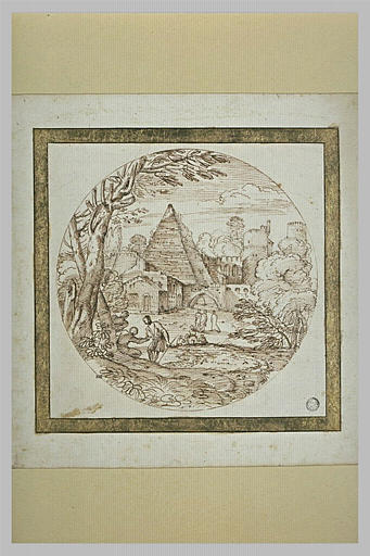 Figures aux abords des murs d'un château, avec une pyramide_0