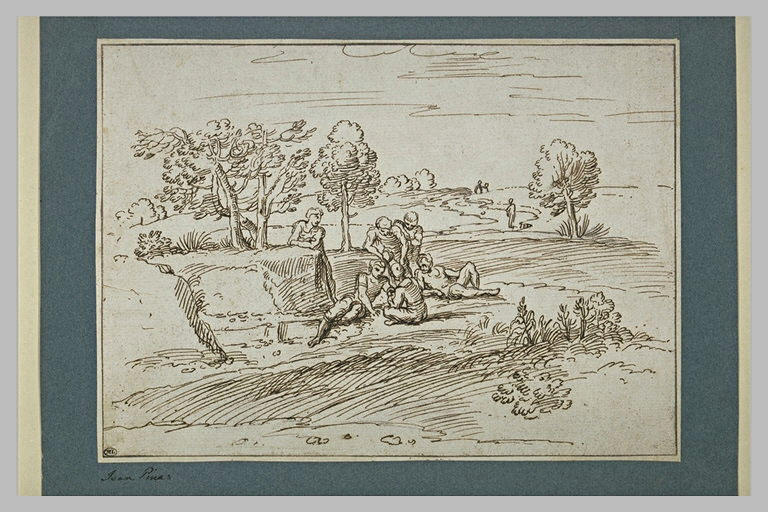 Plusieurs personnages se reposant et conversant, dans un paysage_0