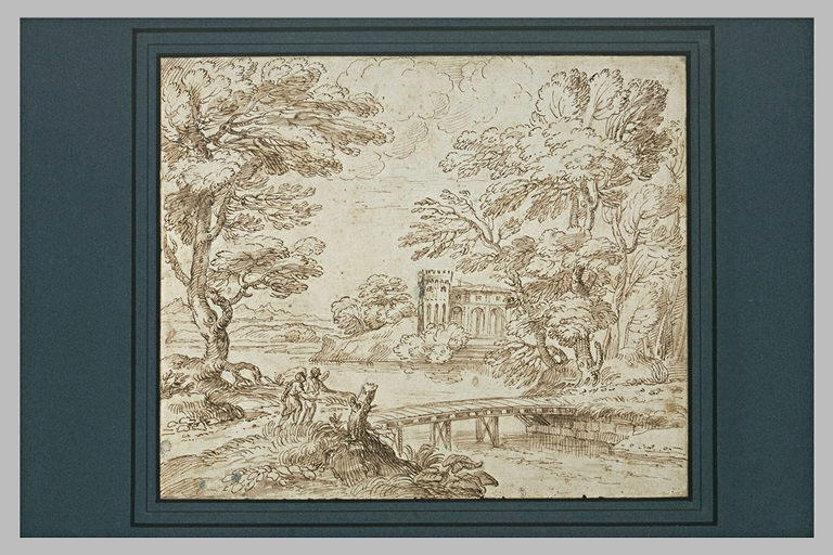 Tobie et Raphaël s'apprêtant à passer un pont, près d'un château_0
