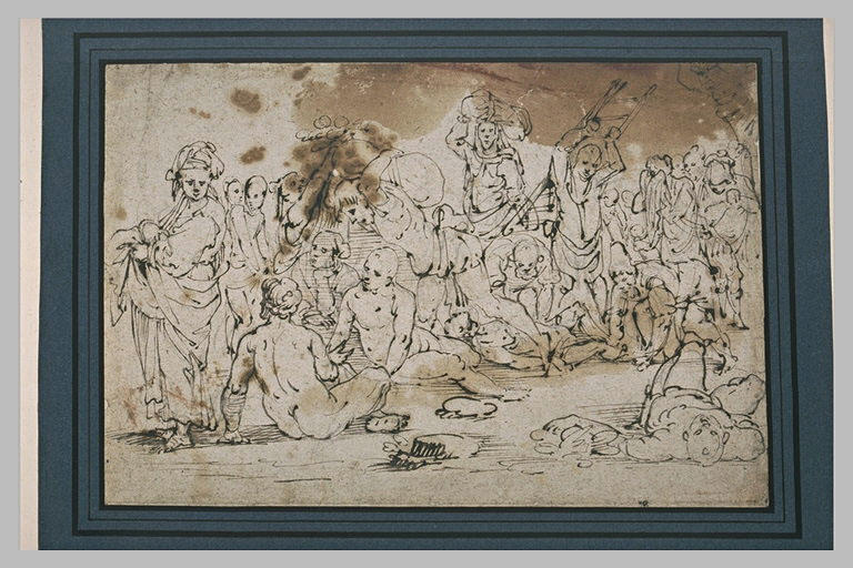 Troupe d'hommes et de femmes portant des fardeaux, ou étendus à terre_0