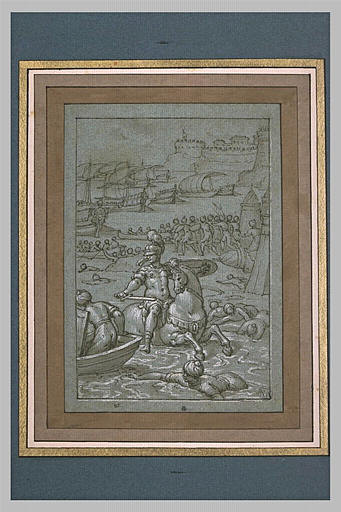 Bataille navale avec un cavalier attaquant un campement de turcs dansun port_0