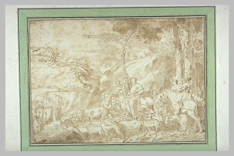 Paysage avec des figures à cheval ou à pied et un troupeau_0