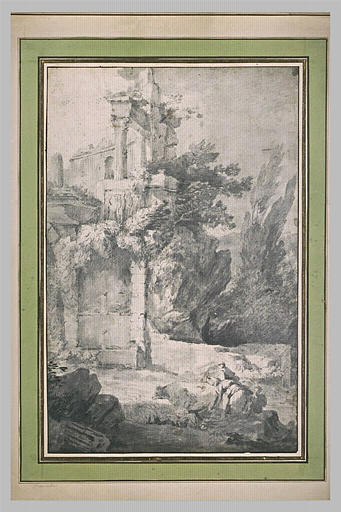 Paysage avec une ruine entourée d'arbustes_0