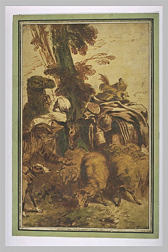 Un homme tenant un chameau, et un autre près d'un âne chargé et des moutons_0