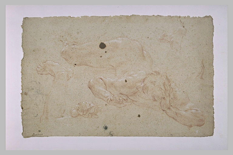 Un homme nu, renversé à plat ventre ; reprise de la main et étude de pieds_0