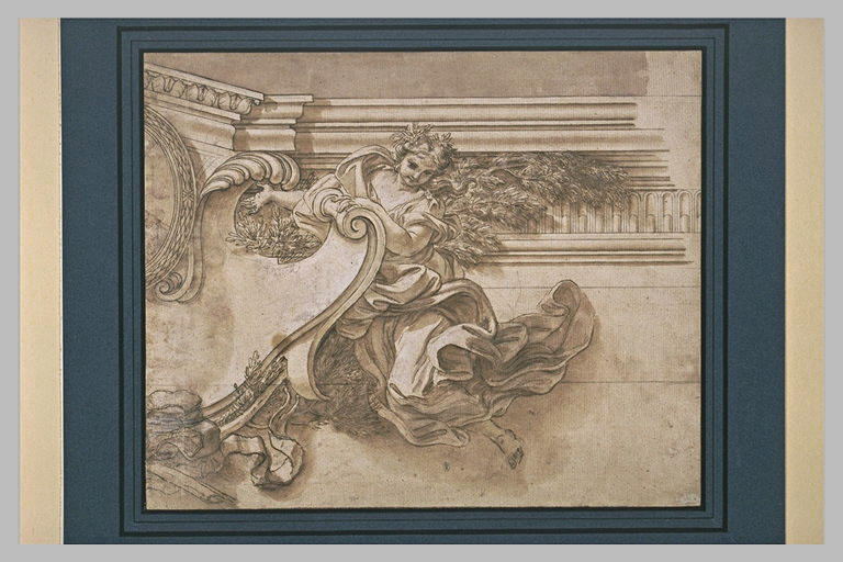 Figure de femme drapée, tête couronnée de feuillages accostée à un écusson_0