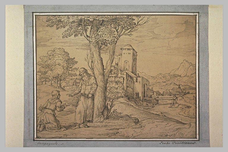 Paysage avec une femme à genoux devant un vieil homme près d'un village_0
