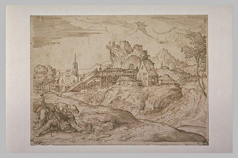 Diverses constructions dans un paysage et un pélerin puisant de l'eau_0