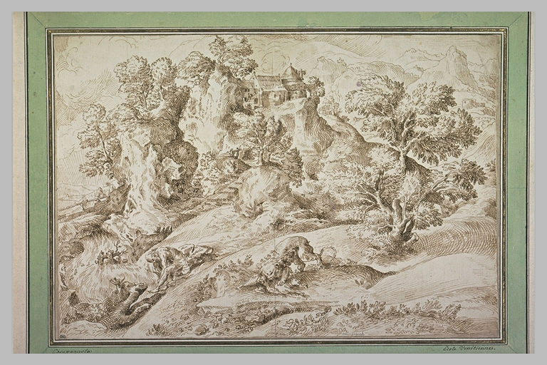 Paysage avec saint Jérôme en méditation et un lion dévorant un animal_0