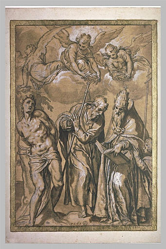 Trois anges couronnant saint Sébastien, saint Jacques et saint Favien_0